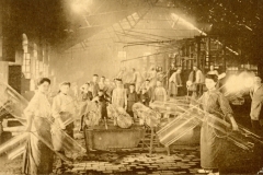 Postcard showing women and children in a cylinder glass factory, Verreries du Centre de Jumet (Belgium, ca. 1910) Rakow Library Chambon Collection.